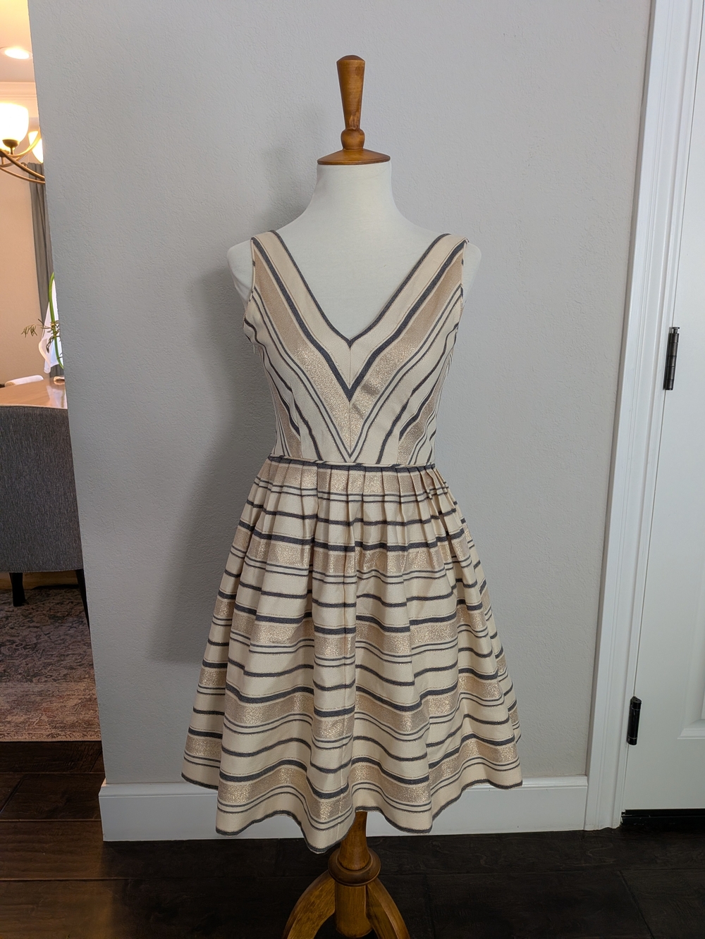 J. Crew Shimmer V‑Neck Striped Fit-and-Flare Gold Dress